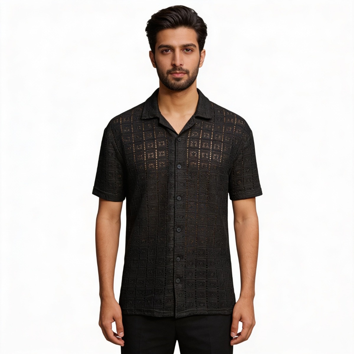 Black Lace Perforated Cuban Collar Shirt