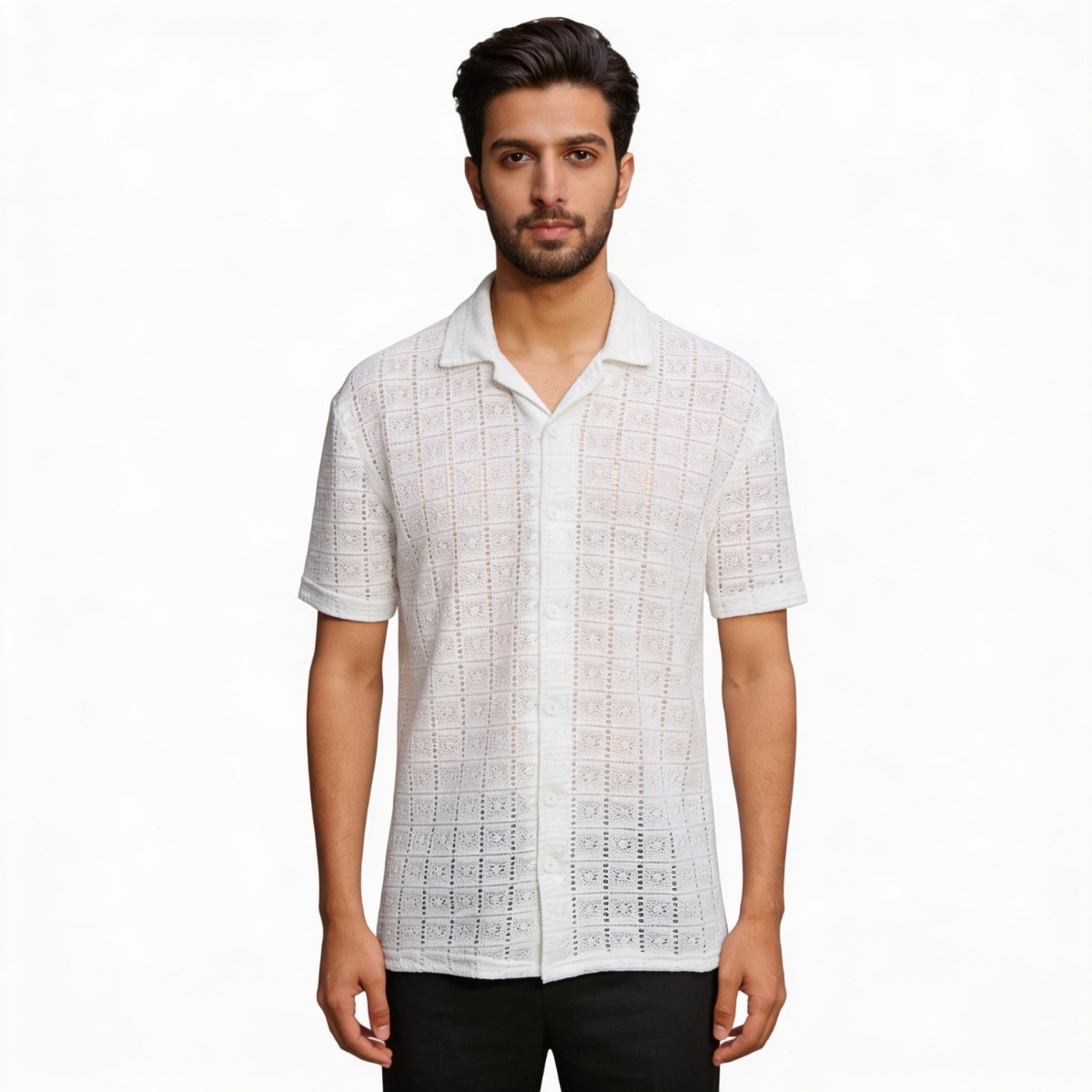 Black Lace Perforated Cuban Collar Shirt thumbnail 2